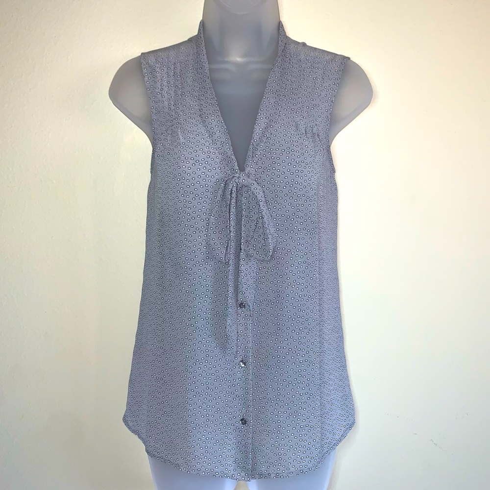 LOFT Button Down Sleeveless Pussy Bow Blouse w/Pintucks & Geometric Print- Sz. S